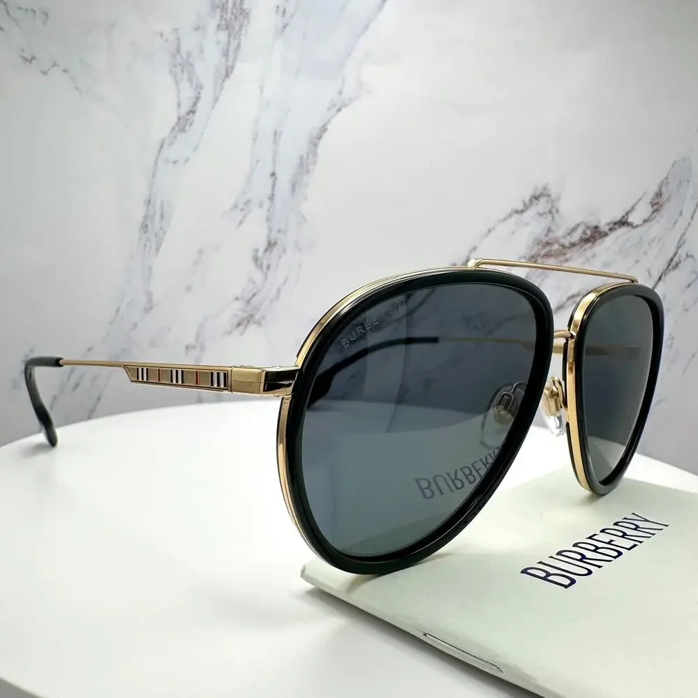 New Burberry Sunglasses Polarized Gold Black Check Arms Aviator Pilot Metal